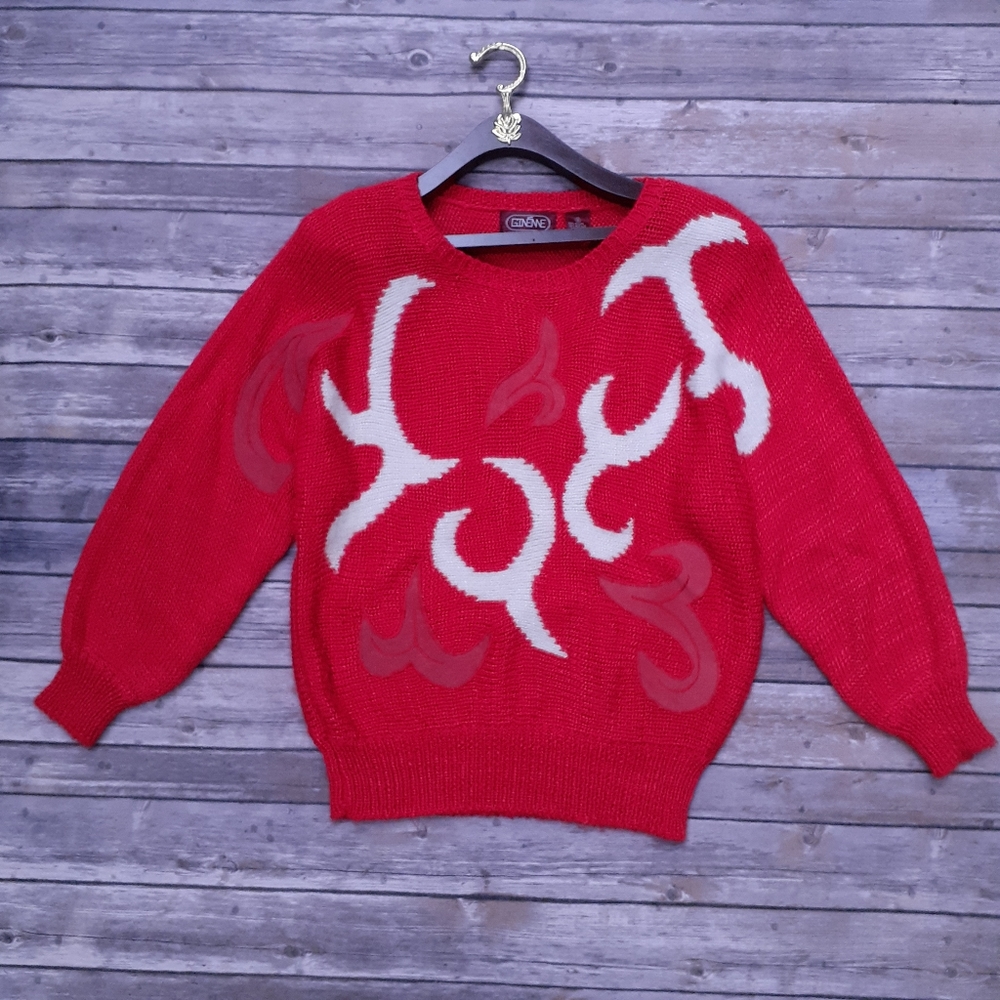 Firery flames red white suede knit vintage sweater